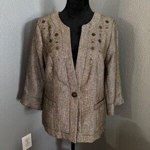 Coldwater Creek Womens Blazer Size 12 Embellished Jacket Brown 3/4 Sleeve